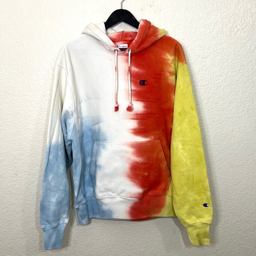 Champion Tie Dye Reverse Weave Hoodie Sweatshirt Red Blue Yellow Unisex Size L